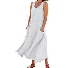 (Creamy White, L) Boho Cotton Linen Tank Dress with Pockets