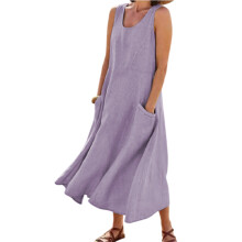 (Purple, 3XL) Boho Cotton Linen Tank Dress w/Pockets