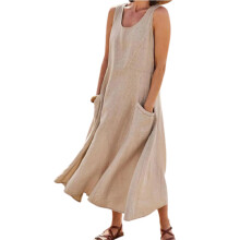 (Khaki, M) Boho Cotton Linen Tank Dress w/Pockets