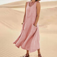 (Pink, M) Boho Cotton Linen Tank Dress w/Pockets