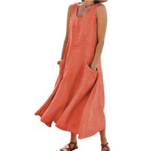 (Orange, S) Boho Cotton Linen Tank Dress w/Pockets