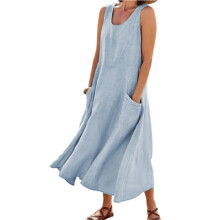 (Sky Blue, XL) Boho Cotton Linen Tank Dress w/Pockets