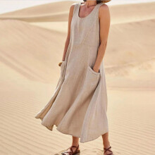 (Khaki, S) Boho Cotton Linen Tank Dress with Pockets