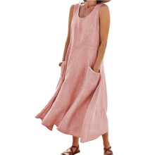 (Pink, S) Boho Cotton Linen Tank Dress with Pockets
