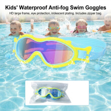 (Blue Yellow bagged) Kids Swim Goggles Anti-Fog Large Frame Pool Training