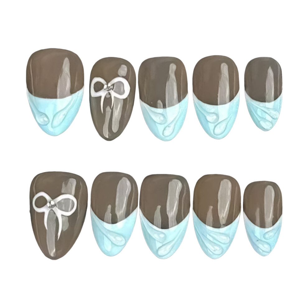 Dachuang Beauty Blue (M) Glossy Short Fake Nails With French Tip, Reusable
