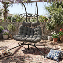 BIRCHTREE Double Hanging Egg Chair W/ Stand Garden Swing Hammock Chair Patio PE Rattan