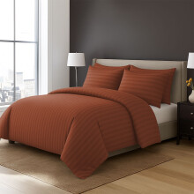 (Rust/Orange, Single) Stripe Duvet Cover Set Bed Quilt & Pillowcase Pair