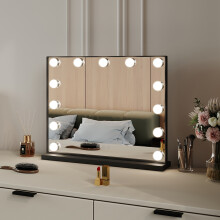Black Hollywood Vanity Mirror with 13 LED Lights (52x42cm) - 3-Color Dimmable & UK Plug