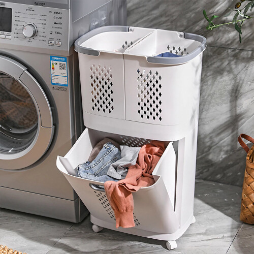 2-Tier White Laundry Basket with Wheels - 3 Compartments, Detachable Upper Basket
