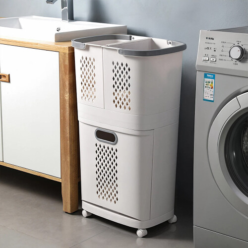 2-Tier White Laundry Basket with Wheels - 3 Compartments, Detachable Upper Basket 1