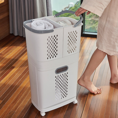 2-Tier White Laundry Basket with Wheels - 3 Compartments, Detachable Upper Basket 2