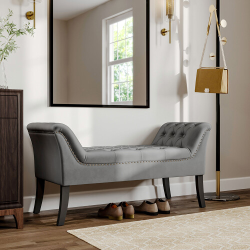 Grey Velvet Tufted Bed Bench