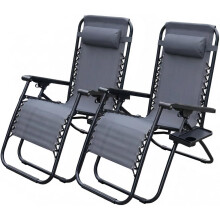 Alivio Zero Gravity Sun Loungers, Adjustable Reclining Outdoor Chairs with Cup Holder & Headrest, Dark Grey (Set of 2)