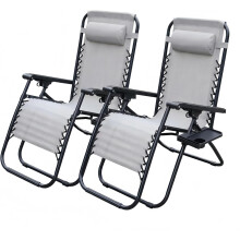 Alivio Zero Gravity Sun Loungers, Adjustable Reclining Outdoor Chairs with Cup Holder &amp; Headrest, Light Grey (Set of 2)