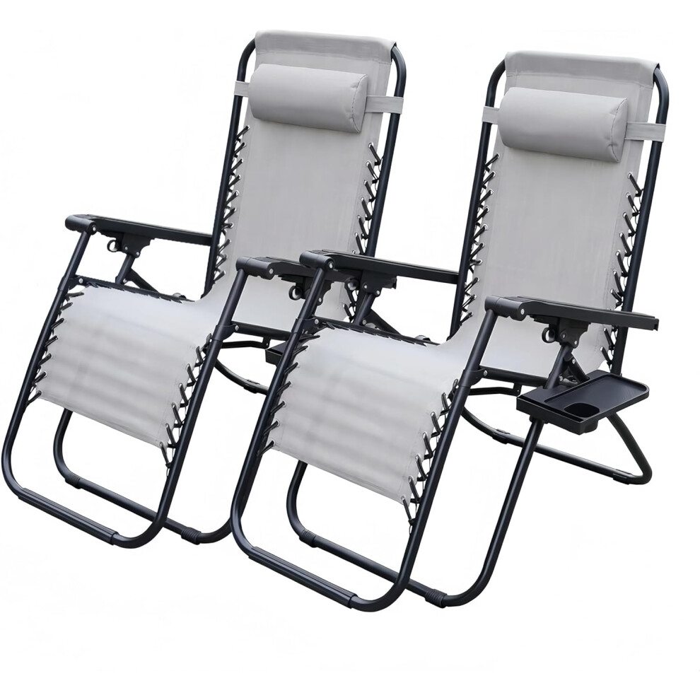 Alivio Zero Gravity Sun Loungers, Adjustable Reclining Outdoor Chairs With Cup Holder & Headrest, Light Grey (Set Of 2)