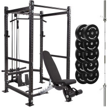 (206 x 90cm, 7ft) GYM MASTER GM3 Power Rack Cable System, Bench, 150kg Bumper Plates, and Optional 6ft Int'l or 7ft Barbell