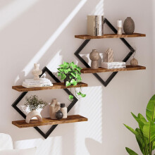 2Tiered Floating Wall Mounted Display Shelf Wooden Shelves Black Frame
