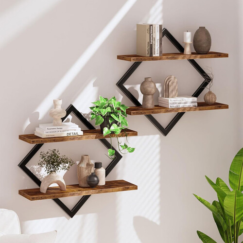 2Tiered Floating Wall Mounted Display Shelf Wooden Shelves Black Frame