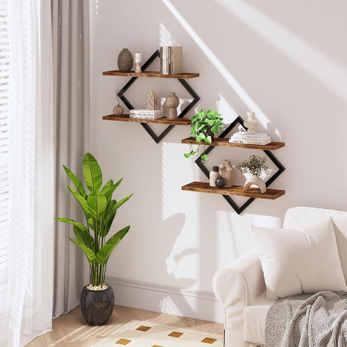 2Tiered Floating Wall Mounted Display Shelf Wooden Shelves Black Frame 2