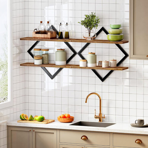 2Tiered Floating Wall Mounted Display Shelf Wooden Shelves Black Frame 1
