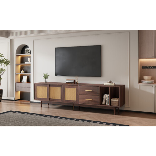 TV Stand Cabient with 2 Drawers, Sliding doors with rattan design 1
