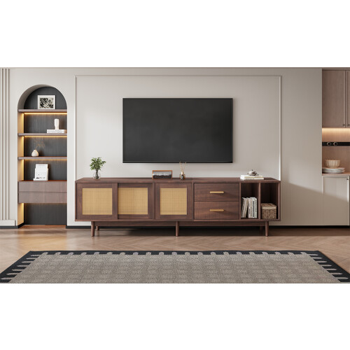 TV Stand Cabient with 2 Drawers, Sliding doors with rattan design 2