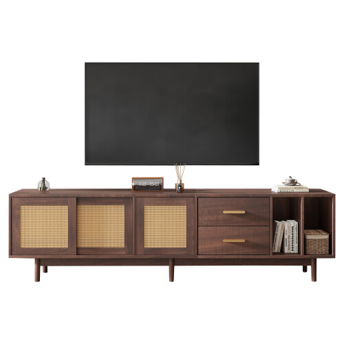TV Stand Cabient with 2 Drawers, Sliding doors with rattan design
