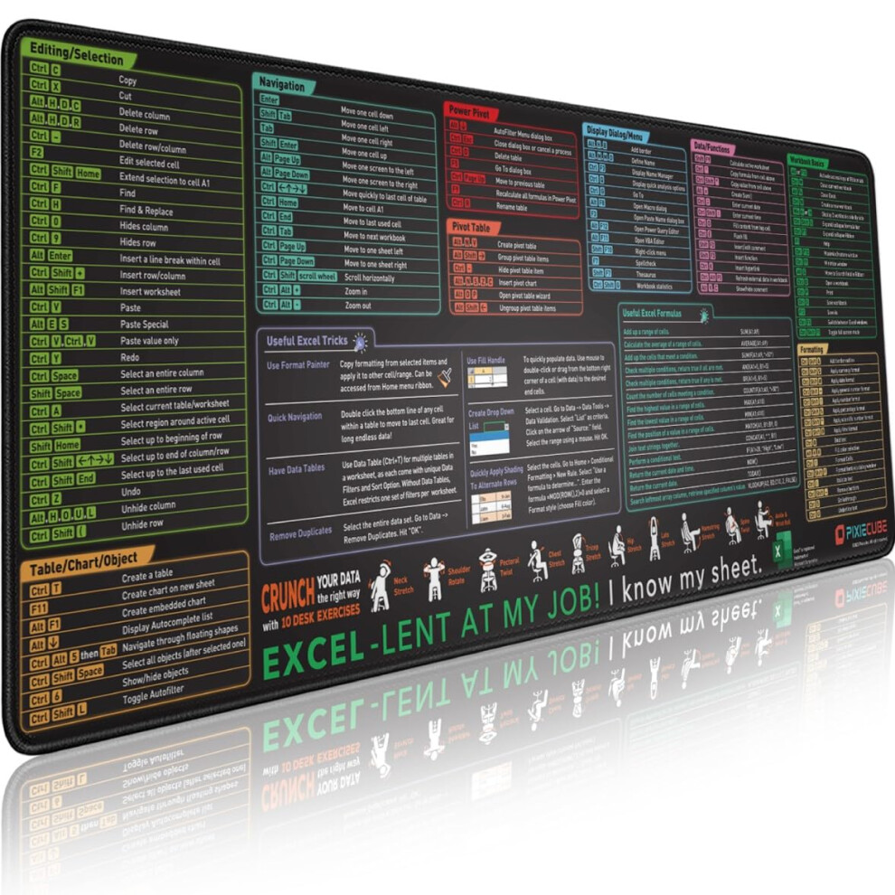 Excel Shortcut Keys Mouse Pad - Extended Large Xl Cheat Sheet Gaming Mousepad | Pc Office Spreadsheet Keyboard Mat | Non-Slip Stitched Edge 8000003775921