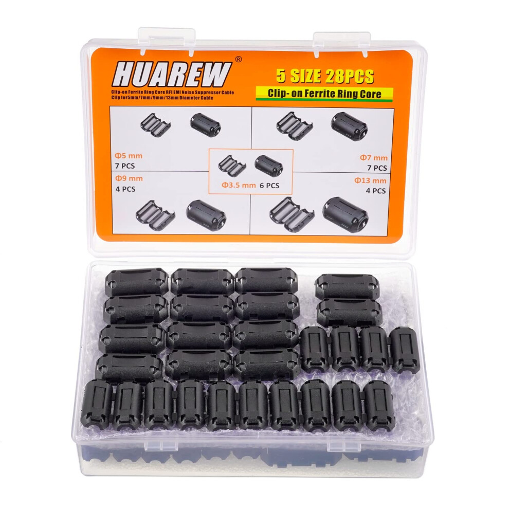 Huarew Black Clip-On Ferrite Ring Core Ferrite Choke Rfi Emi Noise Suppressor Cable Clip For 3.5Mm 5Mm 7Mm 9Mm 13Mm Diameter Cable(5 Values 28 Pcs? 8000003783247