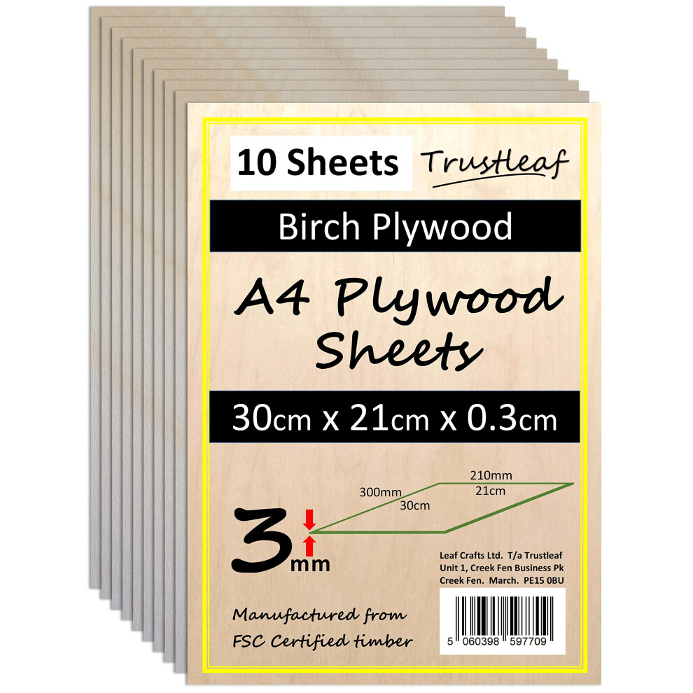 Trustleaf 3Mm Birch Plywood A4-300X210x 3Mm - (Pack Of 10) Laserable Low Fume E1 Glue Ply 8000003788655