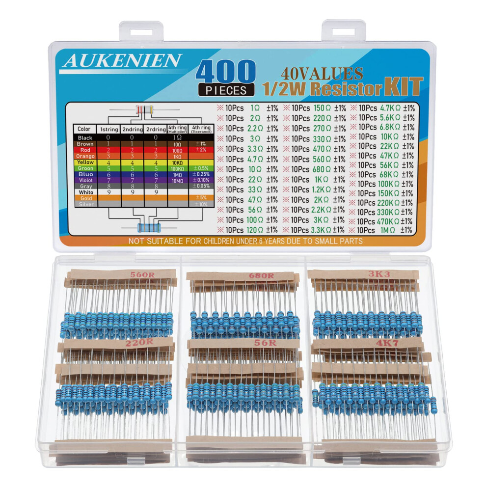 Aukenien 1/2W Resistor Kit 40 Values 400Pcs 1/2 Watt Metal Film Resistors Assortment Kit 1 Ohm To 1M Ohm Fixed Assorted Resistors Pack Common Sil 8000003788068