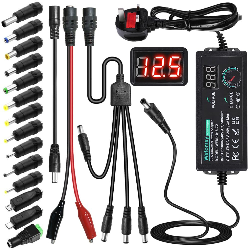 Universal Power Supply 3V~24V 3A 72W Adjustable Variable 3V 5V 9V 12V 18V 20V 24V Ac/Dc Adapter Charger, 100V-240V Ac To Dc Converter With 14 Tips, 8000003786729