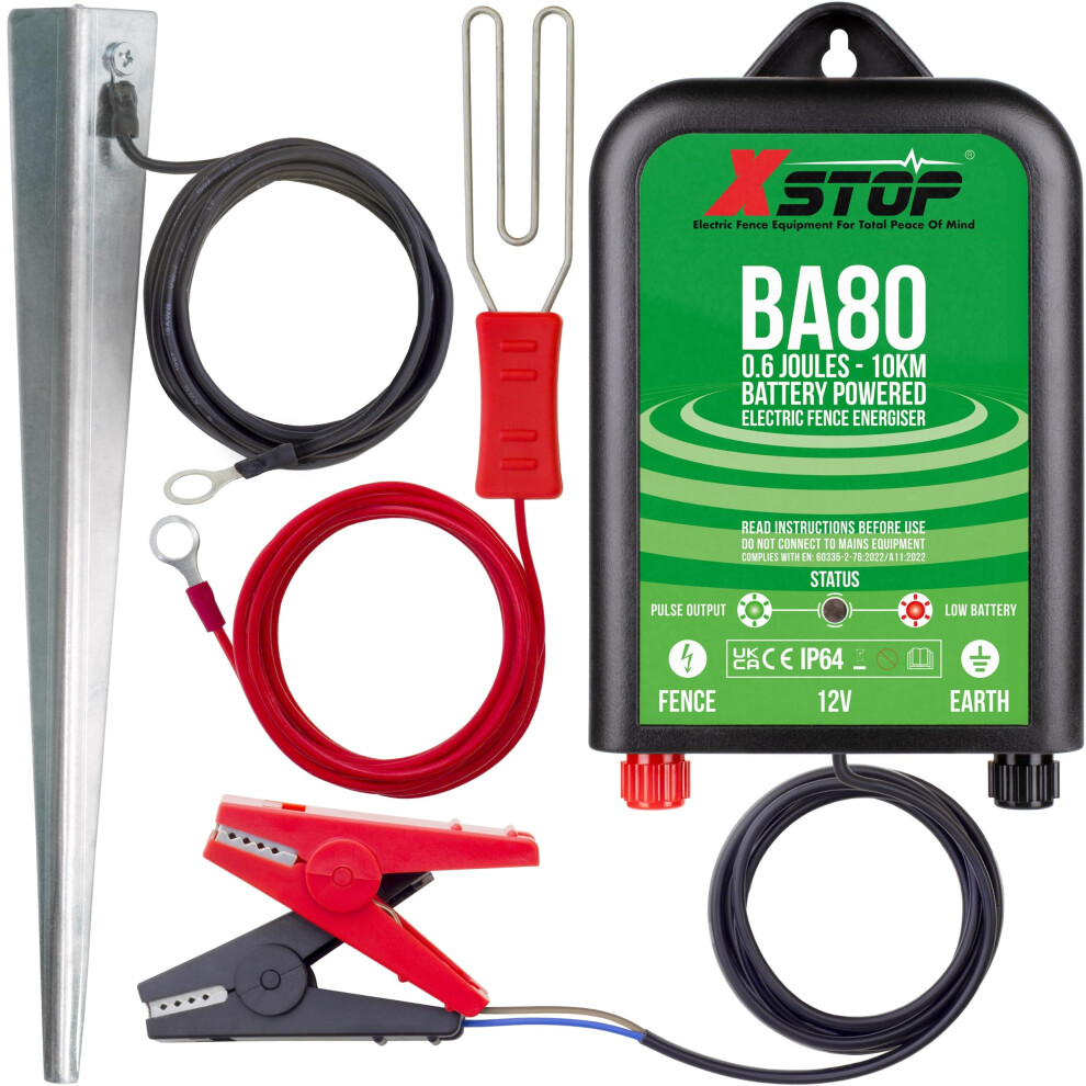 12 Volt Battery Powered Electric Fence Energiser Xstop Ba80 10Km Range, 0.6 Joule Output, Weatherproof Kit Includes Leads And Earth Stake. For Horses 8000003788730