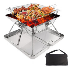 Stainless Steel Fire Pit, Foldable BBQ Grill Rack Portable Campfire Pit Liftable Wood Burning Charcoal Grill for Camping Picnic Patio Backyard Garden