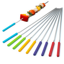 Grill Skewers with Silicone Handle, 16" Long Kabob Skewers, 10 Pack Stainless Steel Skewer Sticks, Reusable Flat Metal Skewers for Grilling BBQ