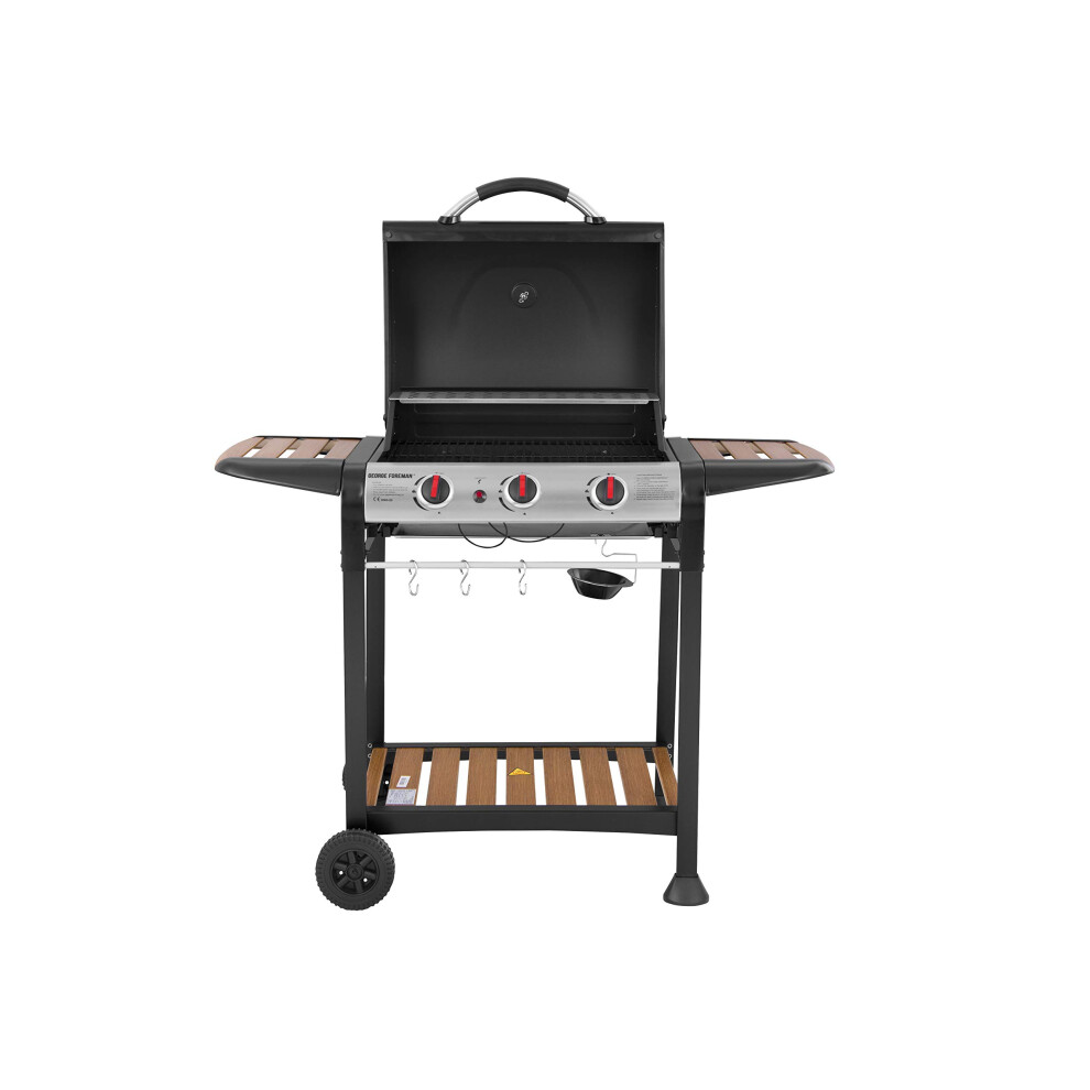 George Foreman 3 Burner Gas Bbq With Automatic Ignition & Integrated Thermometer, Gas Barbecue, 2 Wheels Fitted Rack With 2 Shelves Wood Black