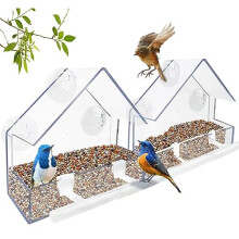 WLLKOO Window Bird Feeder 2 Pack, Bird House for Outside with 4 Rod, Small Acrylic Window Bird Feeder with Strong Suction Cups and Drain Holes 5.9 *