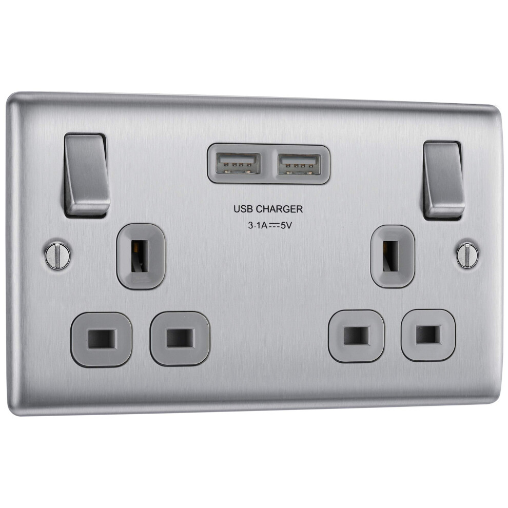 Bg Electrical Double Switched Power Wall Plug Socket With Two Usb-A Charging Ports, Nexus Metal, Brushed Steel, Grey Inserts, Nbs22u3g 8000003831528