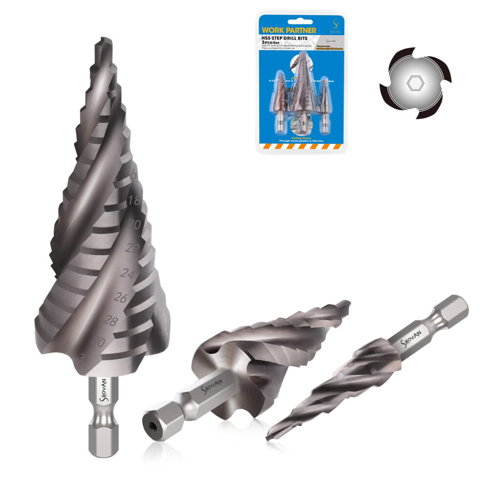 3Pcs Hss Spiral Step Drill Bit Sets, Ss Shovan 4-Flute Metal Drill Bits, 1/4" Hex Shank, Metric 4-32Mm Cone Cutter, Hole Cutter For Sheet Metal, 8000003831894