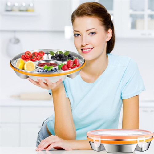 Bandeja de Servir Dividida com Tampa - Bandeja de Vegetais Reutilizável com Tampa e Travessa para Lanches com 6 Compartimentos 10 Polegadas 60 Onças 2