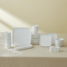 Karaca Cubique Breakfast Set, Square, 35-Piece Tea/Coffee Cup, Dinner Service White, 35-Piece Plate Set, Porcelain Dinner Service for 6 People,