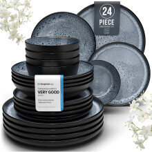 24 Piece Dinner Sets for 6 People - Beautiful Mediterranean Style Stoneware Dinner Set for 6 - Dishwasher & Microwave Safe Plates and Bowls Set for 6