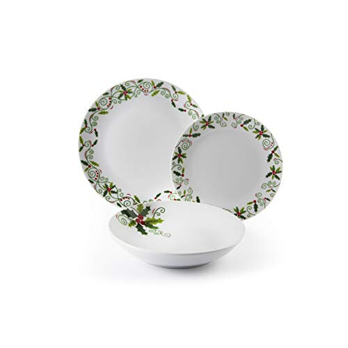 Excelsa Christmas Holly 18-Piece Dinner Set, Porcelain