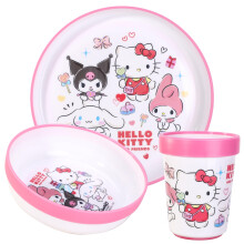 Hello Kitty & Friends 3pcs Reusable Bicolor Premium Kids Dinner Tableware Set Plate, Bowl & Tumbler, BPA Free