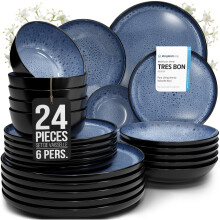 24 Piece Dinner Sets for 6 People - Beautiful Mediterranean Style Stoneware Dinner Set for 6 - Dishwasher & Microwave Safe Plates and Bowls Set for 6