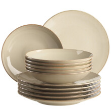 M?SER 931734 Ossia Plate Set for 6 People in Vintage Mediterranean Look, 12 Piece Modern Dinner Set with Soup Plates and Dinner Plates in Sandy Grey,