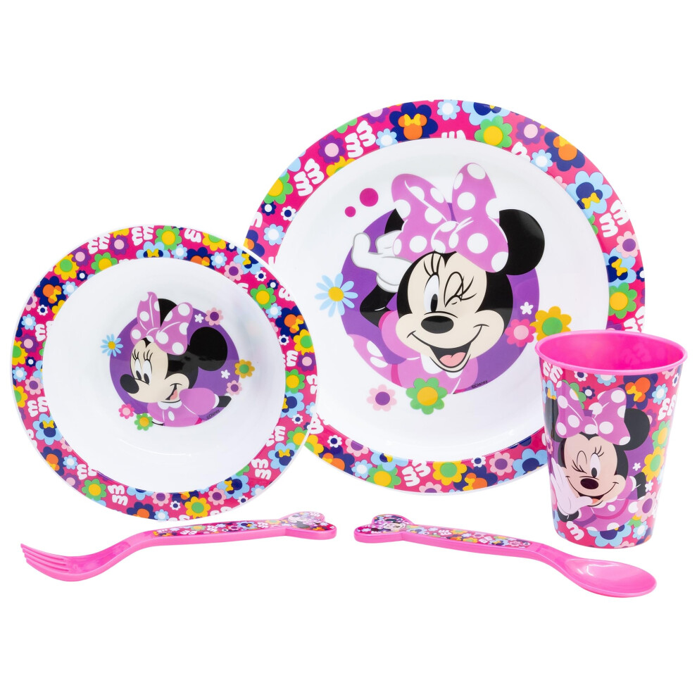 Minnie Mouse ?Bold Florals? 5-Piece Kids Dinner Set - Plate, Bowl, Cup, And Cutlery - Durable, Fun, And Child-Friendly Tableware For Breakfast, Lunch, Stor