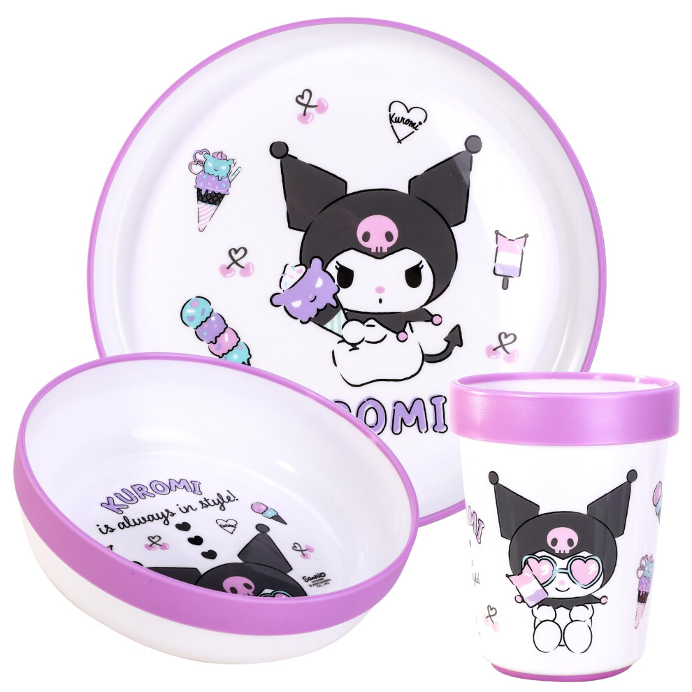 3Pcs Reusable Bicolor Premium Kids Dinner Tableware Set Plate, Bowl & Tumbler, Bpa Free Kuromi
