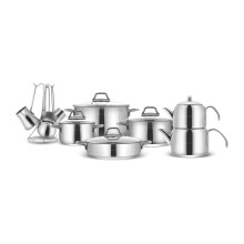 Karaca Belgrad 15 Pcs Stainless Steel Pots with Lids, Induction Compatible Complete Cooking Pots, Turkish Tea Set (Caydanlik) & Coffee Maker, Durable